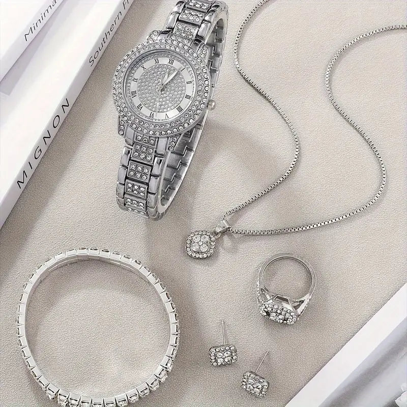 6 Pcs Set Women's Quartz Watch Set Rhinestone And Chic Dial &Square Shaped Sparkling Jewelry Set