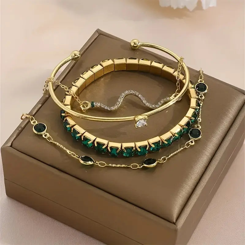4pcs Vintage Elegant Jewelry Set, Zinc Alloy Fashion Stretch Bracelet
