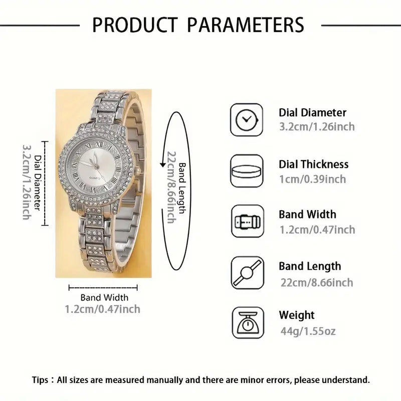6 Pcs Set Women's Quartz Watch Set Rhinestone And Chic Dial &Square Shaped Sparkling Jewelry Set