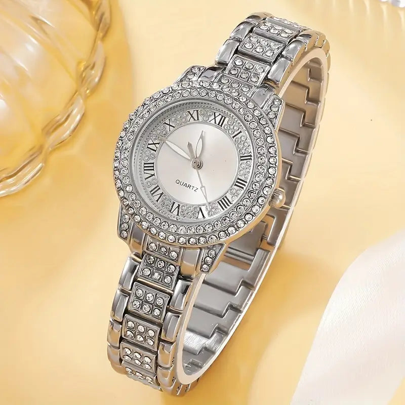 6 Pcs Set Women's Quartz Watch Set Rhinestone And Chic Dial &Square Shaped Sparkling Jewelry Set