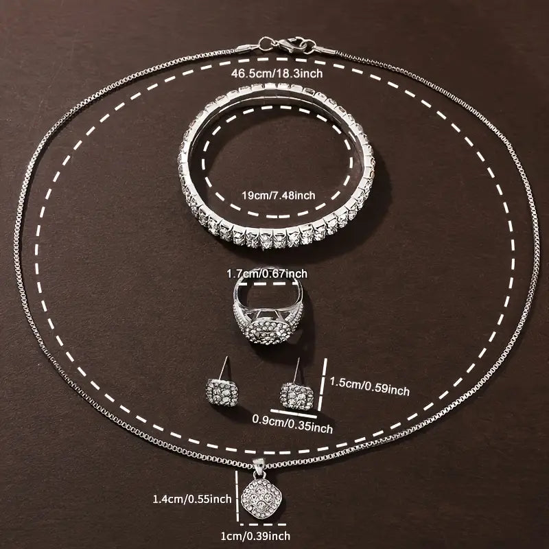 6 Pcs Set Women's Quartz Watch Set Rhinestone And Chic Dial &Square Shaped Sparkling Jewelry Set