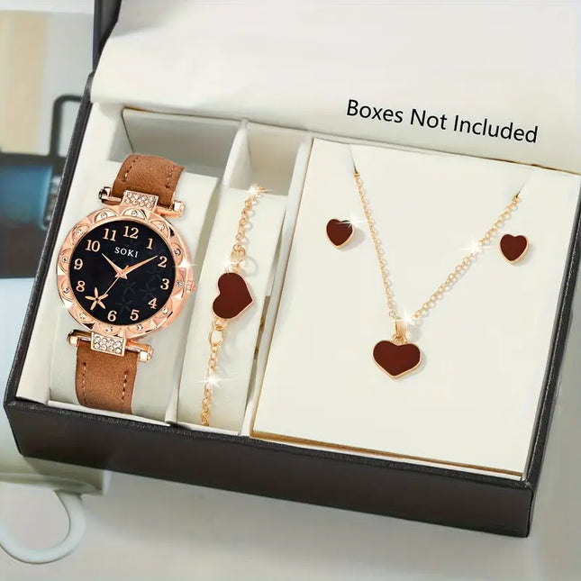 Casual Quartz Watch And Heart Necklace Earings Bracelet Jewelry Set
