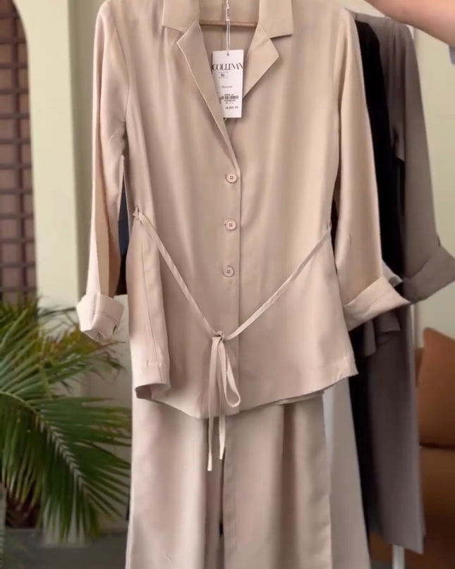 Women Coat Collar Shirt & Trouser Set