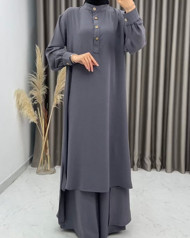 طقم قميص طويل وبنطلون فضفاض نسائي