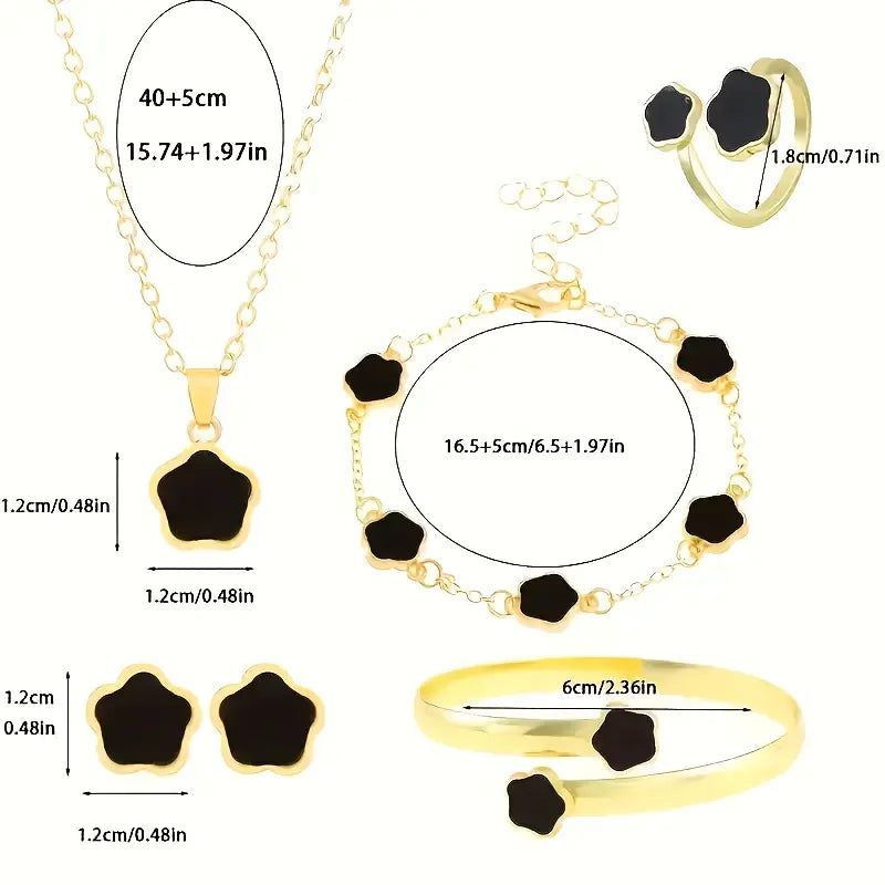 5pcs Classic Lucky Flower Women's Necklace + Earrings + Ring + Bracelet Set