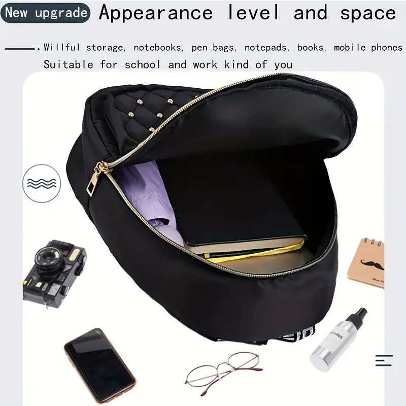 Casual Nylon Backpack with Rhinestone Embellishments